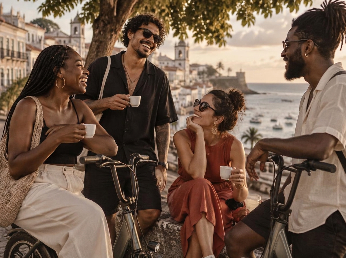 Pessoas conversando e sorrindo junto às scooters elétricas em Salvador