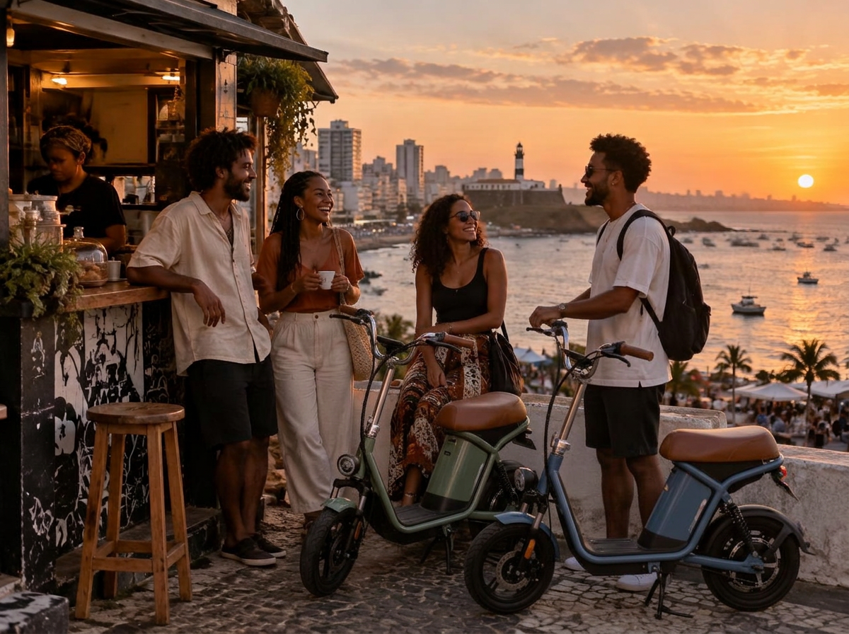 Salvador, sua orla e scooters elétricas ao pôr do sol